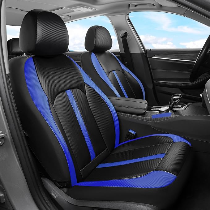 Coverado Leather Car Seat Covers Full Set & Carbon Fiber, Waterproof and Durable All Weather Protector, Universal Fit for SUV, Pickup Truck, Sedan, Automotive Vehicle Interior, Black&Blue