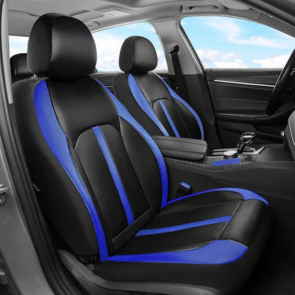 Coverado Leather Car Seat Covers Full Set & Carbon Fiber, Waterproof and Durable All Weather Protector, Universal Fit for SUV, Pickup Truck, Sedan, Automotive Vehicle Interior, Black&Blue