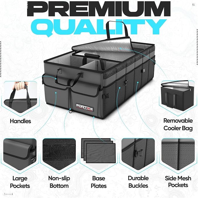 FORTEM Trunk Organizer with Cooler For SUV Car Trunk, Foldable Storage, Car Accessories for Women Men, Collapsible Bag, 600D Oxford, Non Slip Bottom, Straps, Soft Cover (105L)