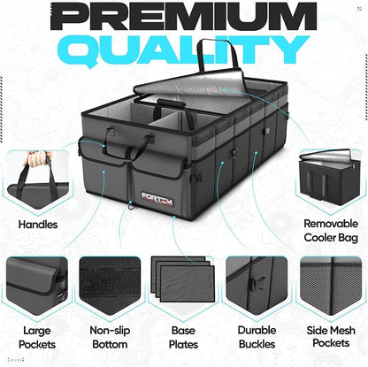 FORTEM Trunk Organizer with Cooler For SUV Car Trunk, Foldable Storage, Car Accessories for Women Men, Collapsible Bag, 600D Oxford, Non Slip Bottom, Straps, Soft Cover (105L)