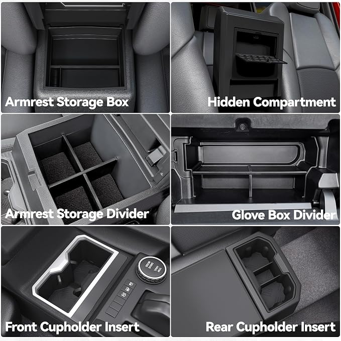 ELECFRESH 6PCS Set Center Console Organizer Tray for 2026 2025 2024 Toyota Tacoma Gen 4th Accessories, Glove Box Organizer Armrest Hidden Storage Box, Front & Rear Cup Holder with Insert Divider