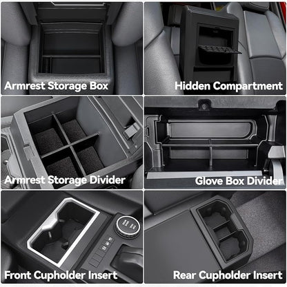 ELECFRESH 6PCS Set Center Console Organizer Tray for 2026 2025 2024 Toyota Tacoma Gen 4th Accessories, Glove Box Organizer Armrest Hidden Storage Box, Front & Rear Cup Holder with Insert Divider