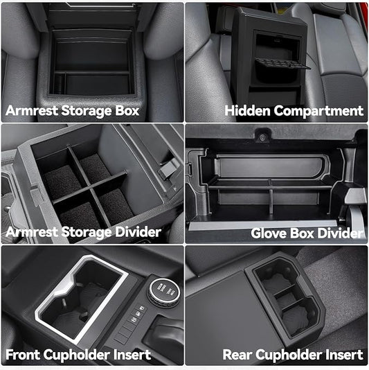 ELECFRESH 6PCS Set Center Console Organizer Tray for 2026 2025 2024 Toyota Tacoma Gen 4th Accessories, Glove Box Organizer Armrest Hidden Storage Box, Front & Rear Cup Holder with Insert Divider