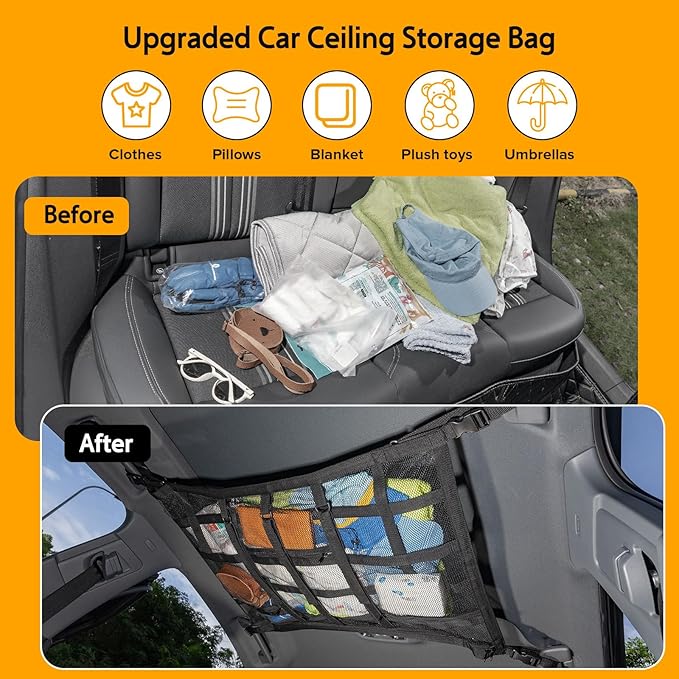 Car Ceiling Cargo Net with 3 Pockets,31.5"x21.6" Car Overhead Storage Mesh Organizer,Double Layer Roof Mesh Camping Overlanding Gear Must Haves Cargo Net,Road Trip Essentials (31.5"x 21.6")