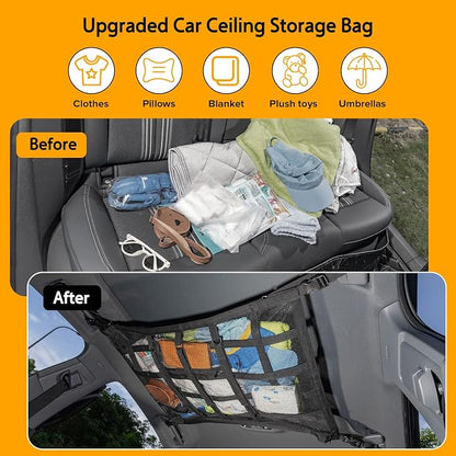 Car Ceiling Cargo Net with 3 Pockets,35.4"x23.6" Car Overhead Storage Mesh Organizer,Double Layer Roof Mesh Camping Overlanding Gear Must Haves Cargo Net,Road Trip Essentials (35.4"x 23.6")