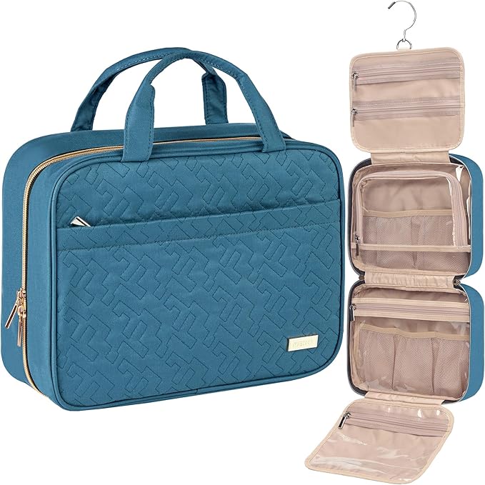 NISHEL Travel Toiletry Bag for women, Portable Hanging Organizer for Full-Sized Shampoo, Conditioner, Brushes Set, Makeup Accessories, Large Size, Lake-Blue