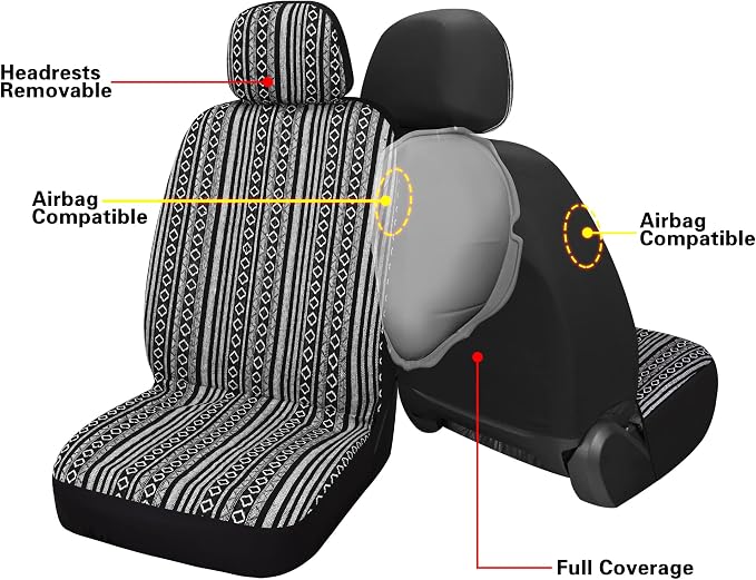 HAIYAOTIMES Baja Saddle Blanket Car Seat Covers Full Set with Seat Belt Pads, Washable Breathable Seat Covers for Cars, Universal Fit Interior Covers for Most Cars, Airbag Compatible, Black/White