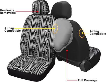 HAIYAOTIMES Baja Saddle Blanket Car Seat Covers Full Set with Seat Belt Pads, Washable Breathable Seat Covers for Cars, Universal Fit Interior Covers for Most Cars, Airbag Compatible, Black/White