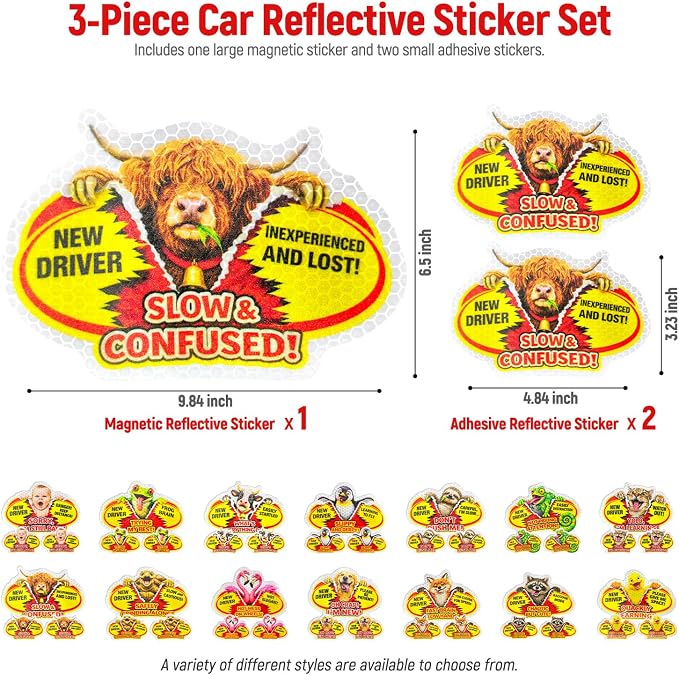 3 Pcs Reflective Student Driver Magnet and Stickers Set - Funny Animal New Driver Safety Signs for Car, Waterproof & Weatherproof High Visibility Vehicle Bumper Decals, Magnet + Stickers (Highland)