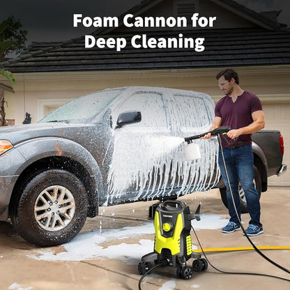 Yeryork Pressure Washer, 3000 PSI Power Washer with 4 Lockable Wheels, Stainless Steel Lance, 4 Quick Connect Nozzles, 500ml Foam Cannon for Car/Decks/Driveways/Patios (Fluorescent Green)
