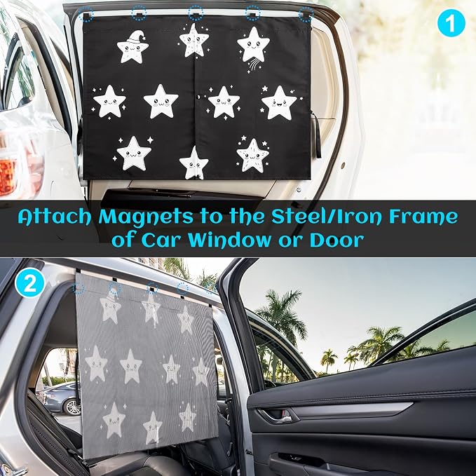 Car Window Shades, 2 Packs Magnetic Car Sun Shades for Baby, 2 Layers for Blackout/See Through Options Stars Pattern Side Window Curtain for Kids Heat/UV Blocker