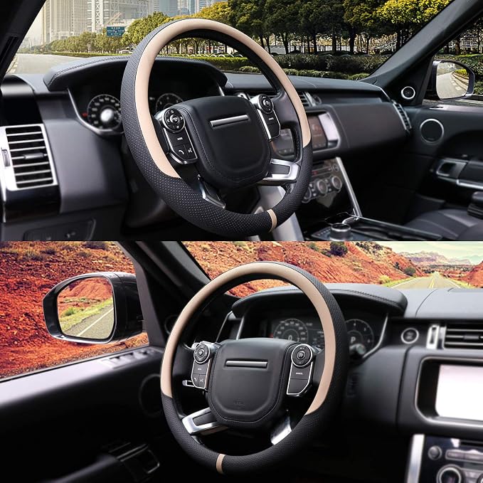COFIT Breathable Car Steering Wheel Cover 16 inch Auto Universal Leather Wrap Non-Slip Steeringwheel Protector Automotive Interior Accessories, Beige (Suit for 15 1/2-16 inch)