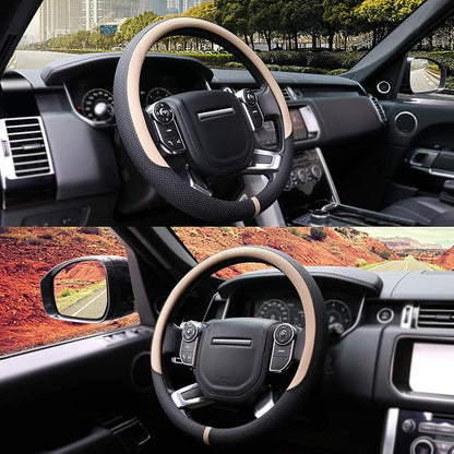 COFIT Breathable Car Steering Wheel Cover 16 inch Auto Universal Leather Wrap Non-Slip Steeringwheel Protector Automotive Interior Accessories, Beige (Suit for 15 1/2-16 inch)