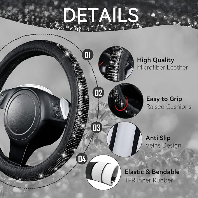 CAR PASS 11 PCS Bling Diamond Car Accessories for Women, Sparkly Rhinestone Steering Wheel Cover, Bling Seat Belt Cushion, Glitter Shift Knob Cover, Car Cup Holder Coaster, Cute Interior Sets Black