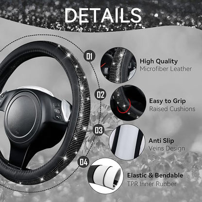 CAR PASS 11 PCS Bling Diamond Car Accessories for Women, Sparkly Rhinestone Steering Wheel Cover, Bling Seat Belt Cushion, Glitter Shift Knob Cover, Car Cup Holder Coaster, Cute Interior Sets Black
