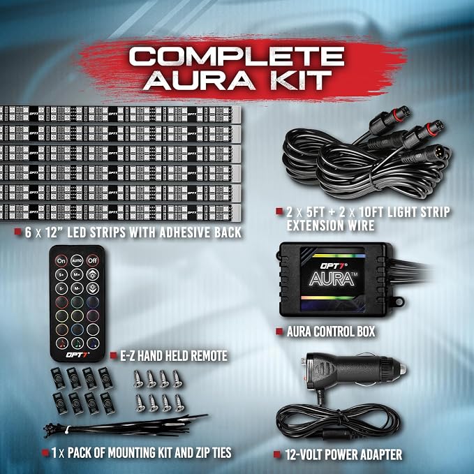 OPT7 Aura Double Row Car LED Lights Interior 6pc with Wireless Remote Control, Multicolor Mode, Sound Active Function Inside Ambient Lighting Kit, Footwell Floor Decor, Charger Adapter 12V