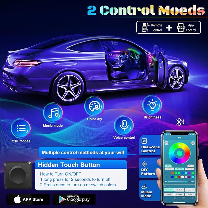 Dreamcolor Acrylic Interior Car LED Strip Light with Wireless APP, RGB 6 in 1 with 175 inches 612 LEDs Fiber Optic Car Symphony Ambient Lighting Kits, Sound Active Function LED Strip for Cars