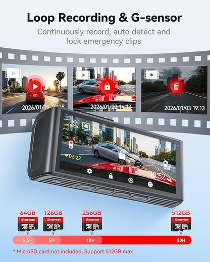 REDTIGER F7NA 4K Dual Dash Cam, STARVIS 2 IMX678, 8MP, 5GHz WiFi (20MB/s Fast Download), 4K Front 1080P Rear, GPS, Voice Control, WDR, HDR Night Vision, 24H Parking Mode, Support 512GB Max(No SD Card)