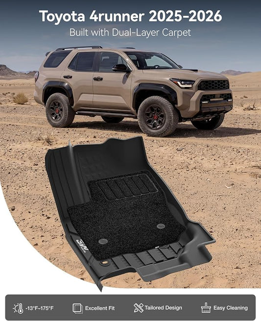 3W Floor Mats & Carpets for Toyota 4Runner 2025 2026 5 Seats(Not fit Hybrid), All Weather TPE Custom Fit Floor Liner & Trunk Mat & 2nd Row Under Seat Mat & Backrest Mat for 4 Runner Full Set
