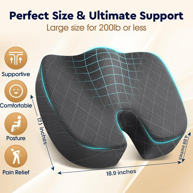 TushGuard Seat Cushion - for Office Chair, Car Seat, Airplane, Bleacher - Sciatica & Coccyx Pain Relief Desk Chair Cushion for Long Sitting Office Workers, Car Drivers(Grey, XXX-Large)