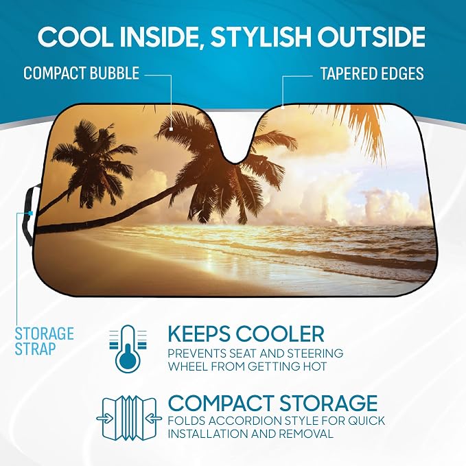 BDK Golden Sunset Beach Front Windshield Sun Shade Accordion Folding Cute Car Window Shades for Truck & Car Sunshade Shield for Sun UV Rays - Visor Protector Keeps Your Vehicle Cool - 58 x 27 inches