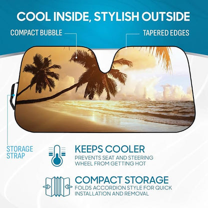 BDK Golden Sunset Beach Front Windshield Sun Shade Accordion Folding Cute Car Window Shades for Truck & Car Sunshade Shield for Sun UV Rays - Visor Protector Keeps Your Vehicle Cool - 58 x 27 inches