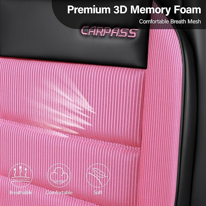 CAR PASS Memory Foam Seat Covers Full Sets, Airy Cool Mesh Thick Car Seat Covers Women, Leather Car Seat Covers 5 Seats Airbag Compatible, Universal Automotive Comfort for Cars, Trucks, SUV, Pink