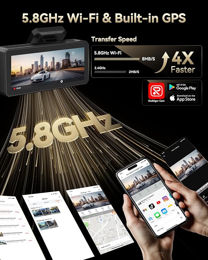REDTIGER Dual 4K Dash Cam with 256GB eMMC, STARVIS 2 IMX678 Front and Rear Dash Camera with Dual HDR, Voice Control, 4'' Touch Screen, Built-in 5.8GHz WiFi GPS, HDR Night Vision (F77 V2)