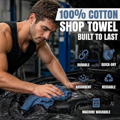 Shop Towels (Blue, 150-Pack) - Bulk Cleaning Towel in a Bag, Mechanic Cotton Wipes for Car Maintenance, Auto Mechanics & Garage, Wipe Grease & Oil, Machine Wash & Reusable
