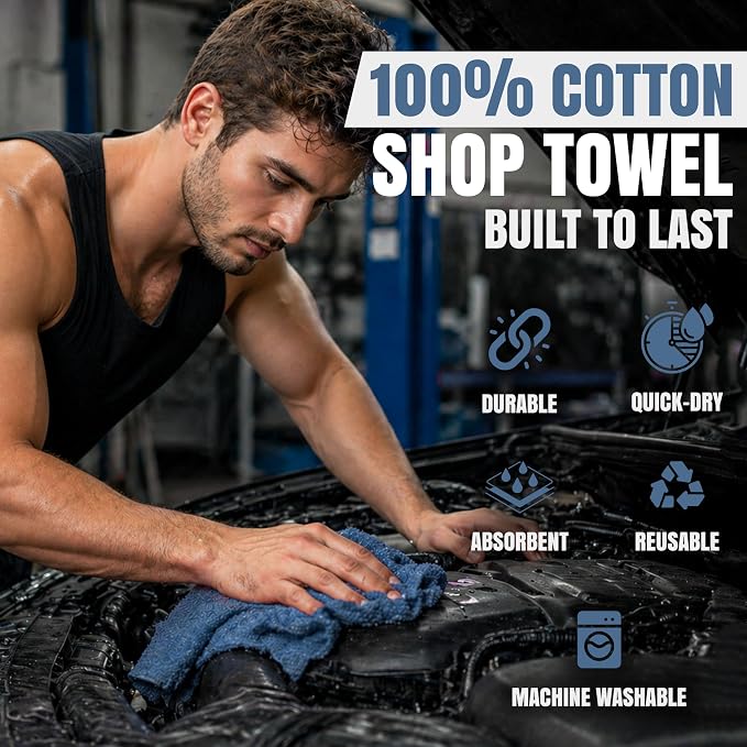 Shop Towels (Blue, 50-Pack) - Bulk Cleaning Towel in a Bag, Mechanic Cotton Wipes for Car Maintenance, Auto Mechanics & Garage, Wipe Grease & Oil, Machine Wash & Reusable