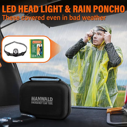 Emergency Car Tool Kit Roadside Assistance Tool Kit, Vehicle Safety Tool with Headlamp, Gloves and Jumper Cable Kit, Essential Car Accessories for Men, Women