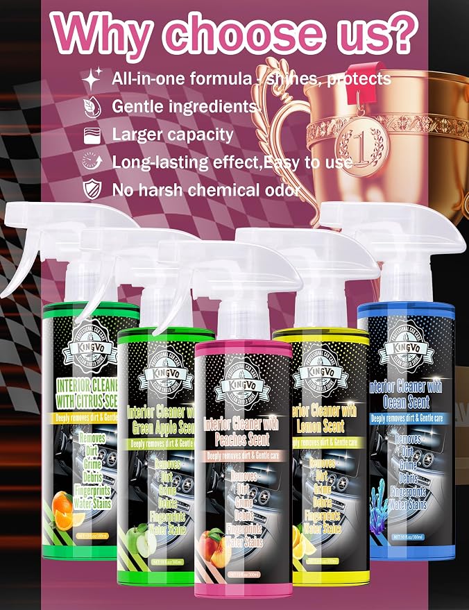 Kingvo Car Interior Cleaner, Interior Cleaner Carpet Dashboard Vinyl Sofa Leather Shiny Car Stuff Detailing Kit Cleaning Supplies,Peach Scent