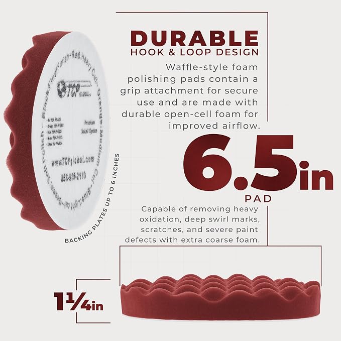 TCP Global 6.5" Red Waffle Foam Buffing Pad Hook and Loop Backing - Heavy Cut Pad for Polishing, Automotive, Marine, Truck, RV & Compound Cutting, Car Polishing Pads