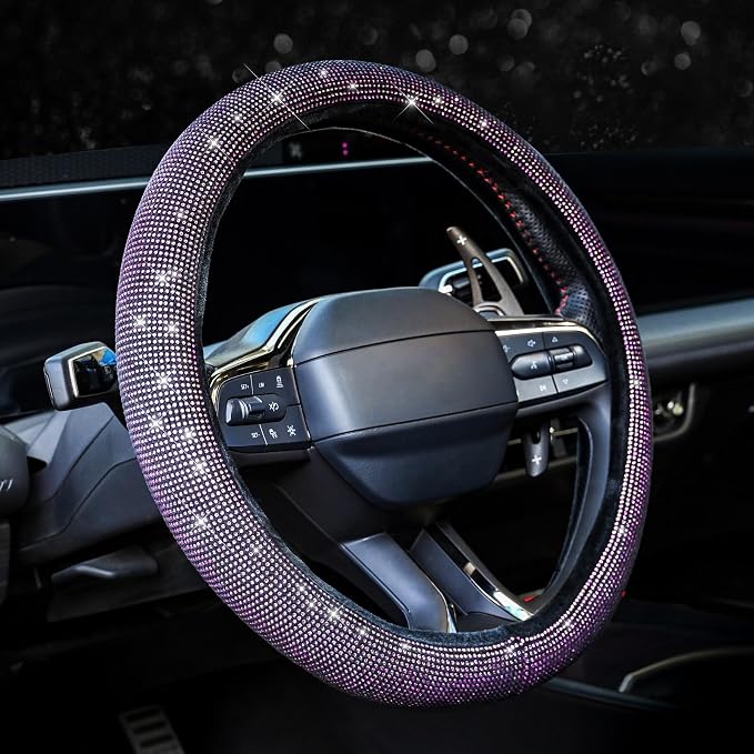 Valleycomfy Steering Wheel Cover for Women Bling Bling Crystal Diamond Sparkling Car SUV Wheel Protector Universal Fit 15 Inch Black with Pink Diamond