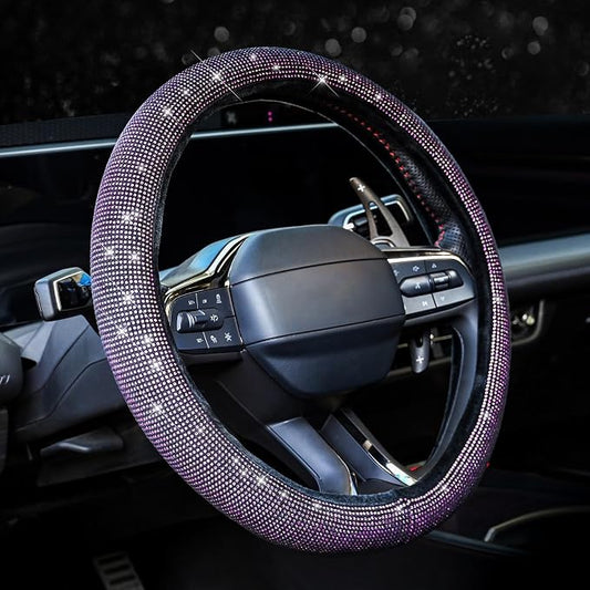 Valleycomfy Steering Wheel Cover for Women Bling Bling Crystal Diamond Sparkling Car SUV Wheel Protector Universal Fit 15 Inch Black with Pink Diamond