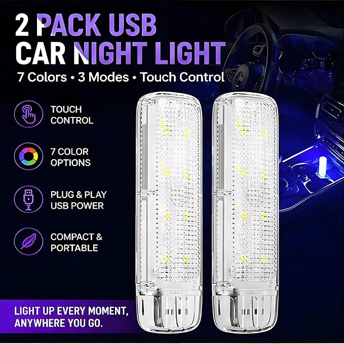 USB Car Interior Lights 2 Pack, RGB Ambient LED Car Lights with 7 Colors, 3 Lighting Modes & Touch Control, Plug-and-Play USB Mood Light for Cars, Trucks, SUVs, Bedroom, Desk, Gaming Room