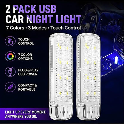 USB Car Interior Lights 2 Pack, RGB Ambient LED Car Lights with 7 Colors, 3 Lighting Modes & Touch Control, Plug-and-Play USB Mood Light for Cars, Trucks, SUVs, Bedroom, Desk, Gaming Room