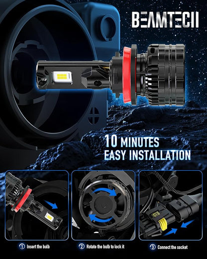 BEAMTECH H11/H9/H8 Bulbs, 900% Brighter Canbus Ready 6500K White Light or Fog Light, 2 Bulbs.