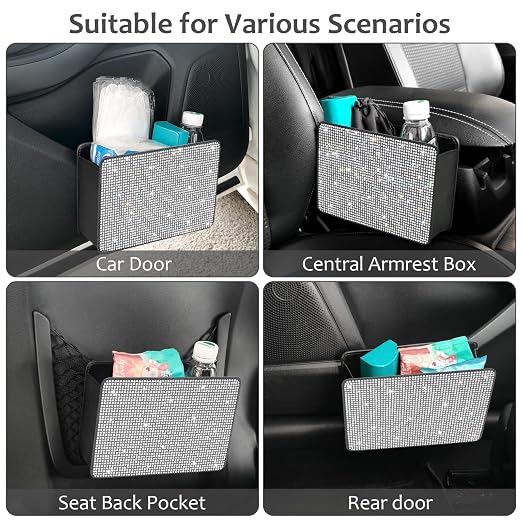 Accmor Bling Car Trash Can, Foldable Vehicle Trash Bin Dustbin Garbage Organizer Storage, Sparkling Crystal Rhinestone Trash Bags Holder Container with 30pcs Garbage Bag Car Accessories for Auto, SUV