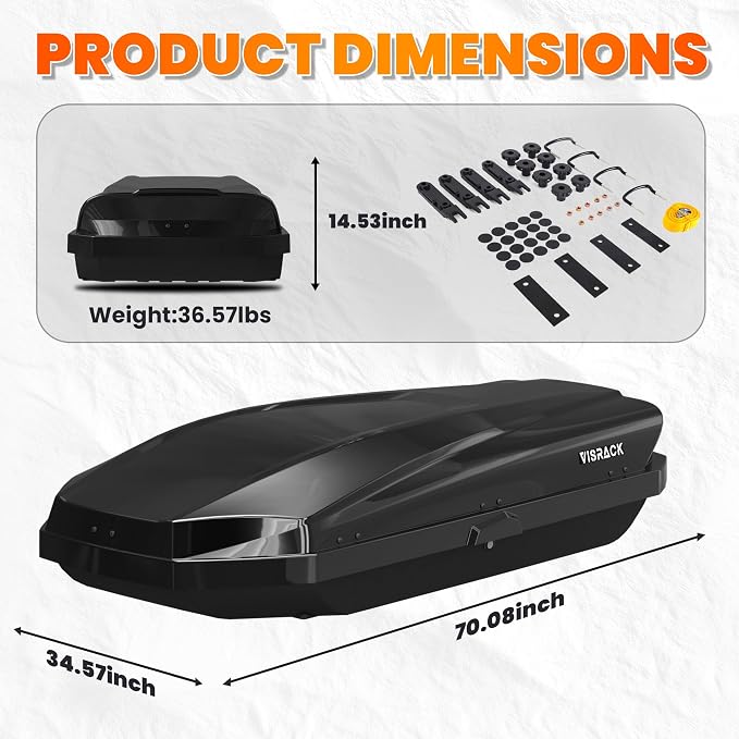 21 Cu Ft Cargo Box, Hard Shell Roof Cargo Carrier with Security Keys, 70.08" x 34.57" x 14.53" Roof Box, Dual-Sided Opening, Tool-Free Install, Black