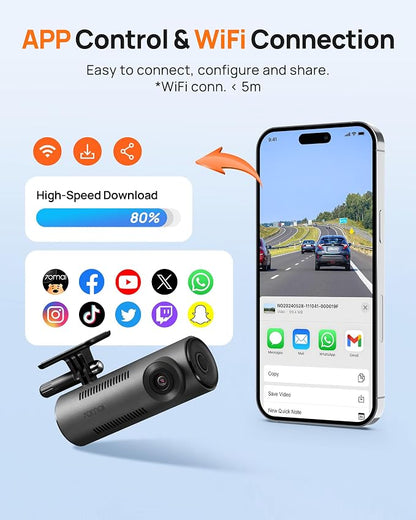 70mai Dash Cam M310, Dash Camera for Cars 1296P QHD, Smart Dash Cam Front Built in WiFi, 130° Wide-Angle FOV, WDR, Night Vision, iOS/Android Mobile App, Loop Recording, Parking Monitor, Time-Lapse