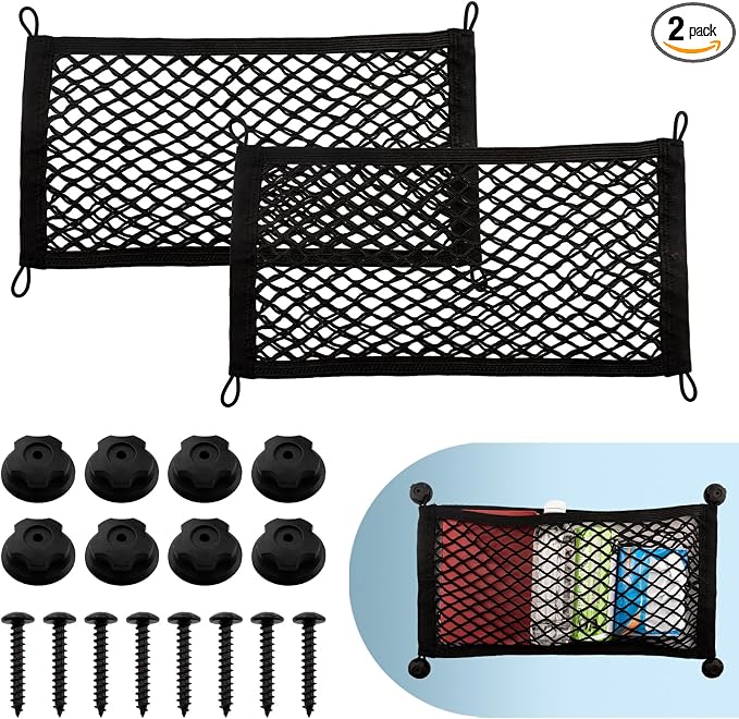 2 Pack Small Cargo Net Pocket Storage Pouch Bag 21 x 9.8 Inches RV Netting Elastic Automotive Cargo Nets with 8 Mounting Screws, Storage Mesh for Car Trunk SUV Boats