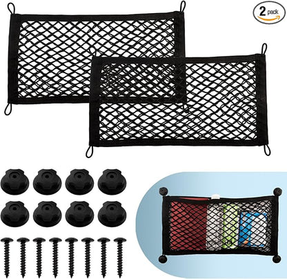 2 Pack Small Cargo Net Pocket Storage Pouch Bag 21 x 9.8 Inches RV Netting Elastic Automotive Cargo Nets with 8 Mounting Screws, Storage Mesh for Car Trunk SUV Boats