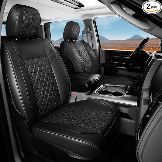 FREESOO Car Seat Covers Full Set for Dodge Ram 2002-2018 1500 & 2011-2026 2500 3500 Crew Quad Cab, 2019-2024 Ram 1500 Classic Leather Seat Cover, with Curved Bench, Black