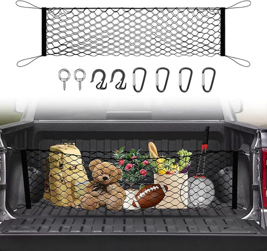 Canvcle Truck Bed Cargo Net for 2019-2025 2026 Dodge Ram 1500 Accessories Envelope Style Mesh Trunk Net Organizer and Storage Stretchable Adjustable Elastic Nylon Rear Cargo Netting with Hooks