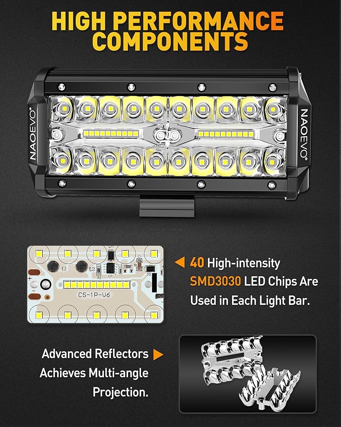 NAOEVO 7 Inch LED Light Bar, 480W 48,000LM LED Offroad Fog/Driving Lights with Spot Flood Combo Beam, Work for Truck Boat ATV UTV, 4 Pcs (White)