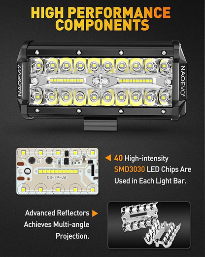 NAOEVO 7 Inch LED Light Bar, 480W 48,000LM LED Offroad Fog/Driving Lights with Spot Flood Combo Beam, Work for Truck Boat ATV UTV, 4 Pcs (White)