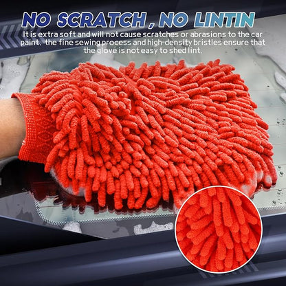 wuyaoyao 2PCS Car Wash Mitt, 10.14"×7.12" Chenille Microfiber Car Wash Mitts, Scratch-Free & Lint-Free, Absorbent Double Sided Clean Glove for Cars Cleaning, Auto Cleaning Supplies (Red)