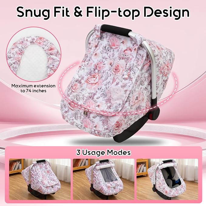 Car Seat Cover Baby Girls, Mink Dot Carseat Covers for Newborn with Breathable Mesh and Sun Shade Window, Warm Stretchy Infant Car Seat Canopy Snug Fit Baby Carrier, Stroller