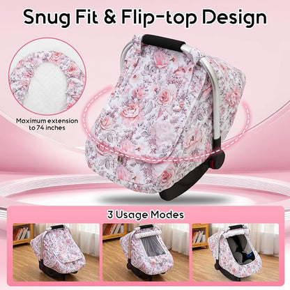 Car Seat Cover Baby Girls, Mink Dot Carseat Covers for Newborn with Breathable Mesh and Sun Shade Window, Warm Stretchy Infant Car Seat Canopy Snug Fit Baby Carrier, Stroller